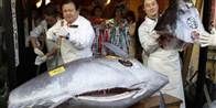 Der var rift om kødet fra den store fisk på fiskeauktionen i Tokyo, Japan, i dag.