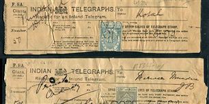 Et par kvitteringer for afsendte telegrammer i Indien anno 1900