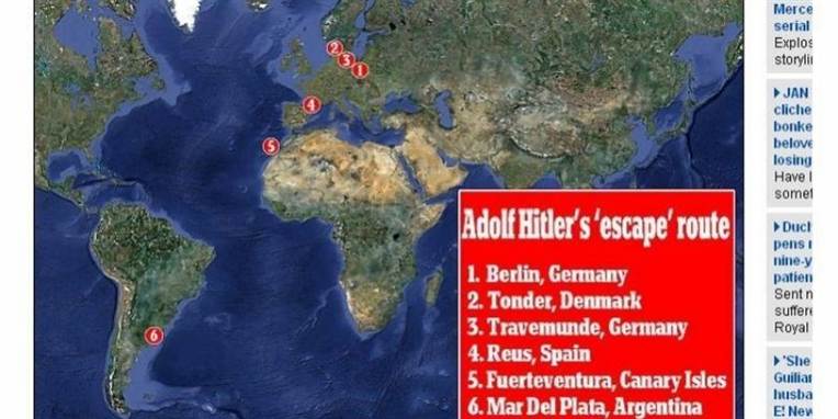 Den britiske avis Daily Mail binger den grafik, hvor man kan se Hitlers flugtrute til Argentina via Tønder i Sønderjylland.
