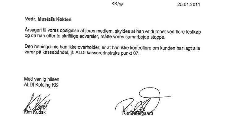 Brevet fra Aldi til Mustafa Køktens fagforening lader ingen tvivl stå tilbage. Dumper du tre testkøb, er du fyret.