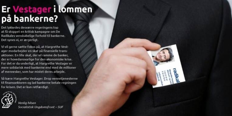 Her er annoncen fra SUF, der vil kaste kritisk fokus på Vestager.