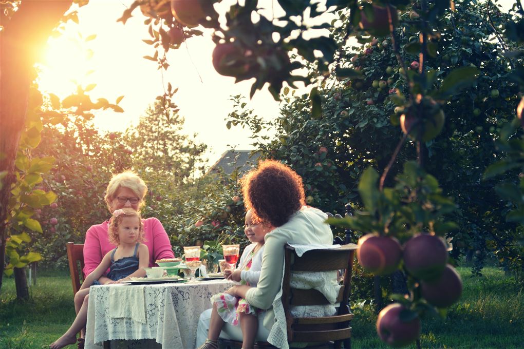 to kvinder og to børn sidder og spiser i en have