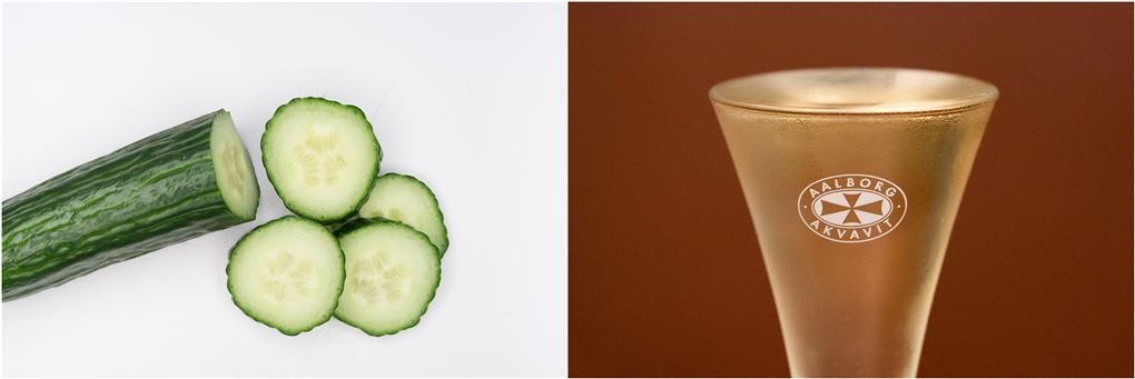 En agurk i skiver og et fyldt snapseglas