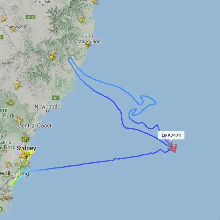 boeing 747 tegner en kænguru i luften ved Australiens østkyst
