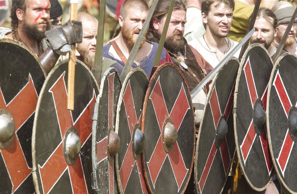 Vikinger med skjolde og spyd