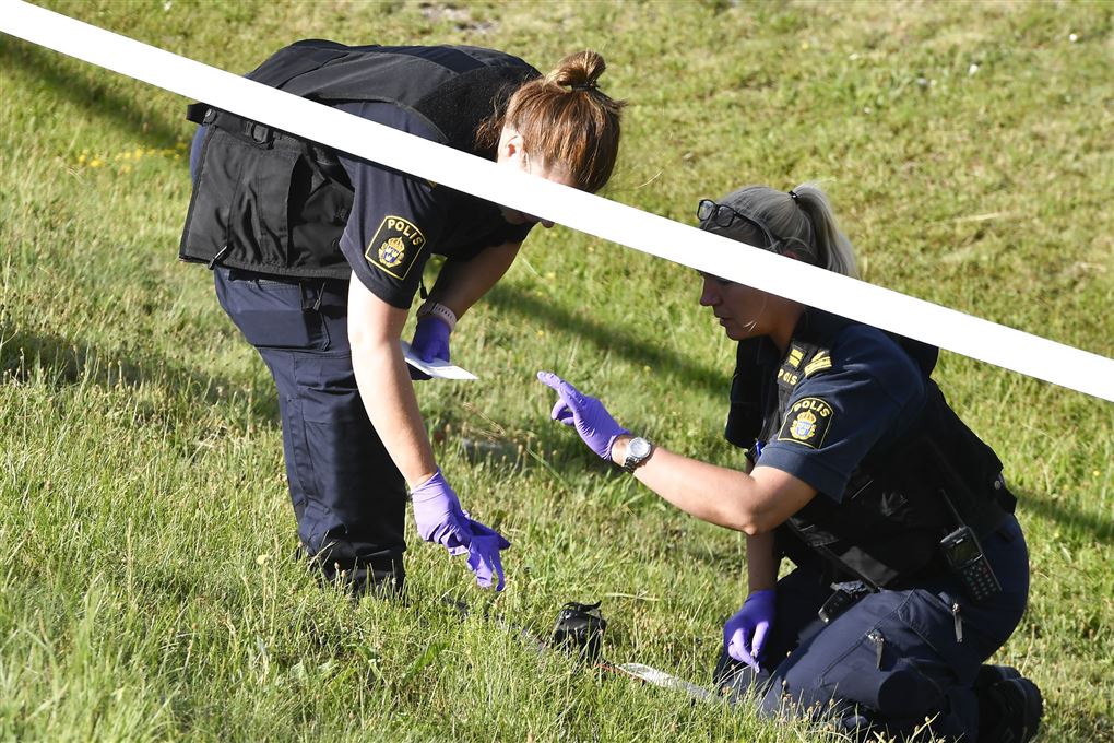 To politbetjente afsøger noget græs
