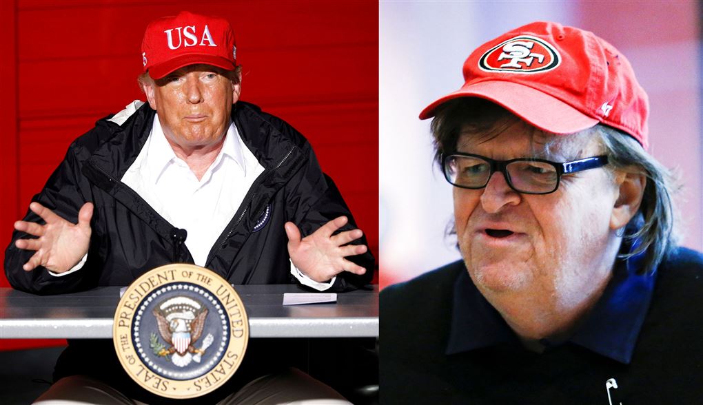 Donald Trump med rød kasket og Michael Moore med rød kasket