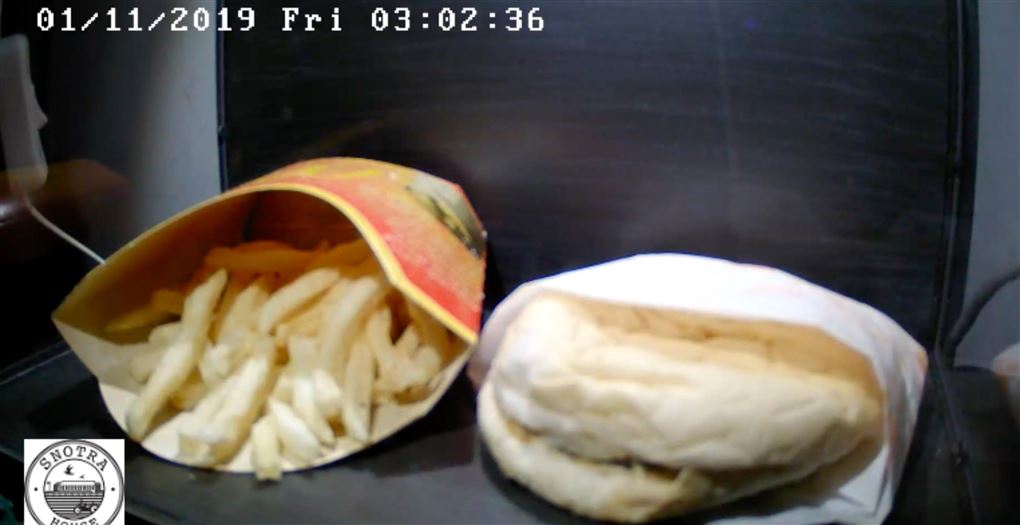 En hamburger og pommesfrites fra 2009 ses liggende i en montre 10 år efter