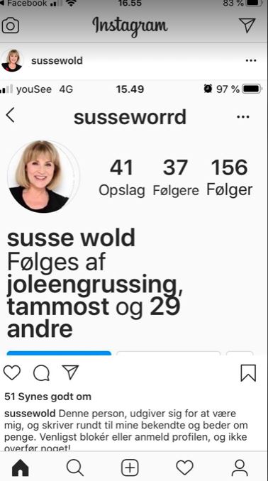 En profil med Susse Wolds billede på fra Instagram