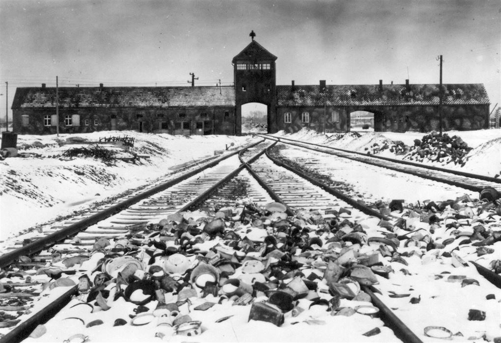 Et billede af jernbaneskinner der fører ind til porten på Auschwitz-lejren