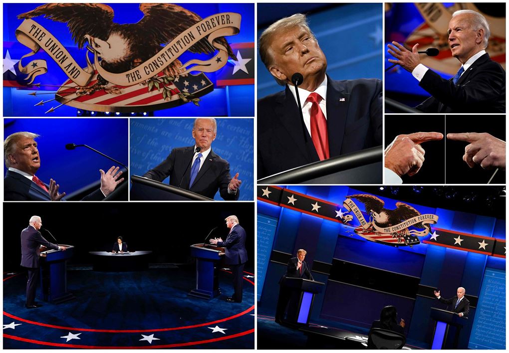 En mosaik af billeder af de to præsidentkandidater