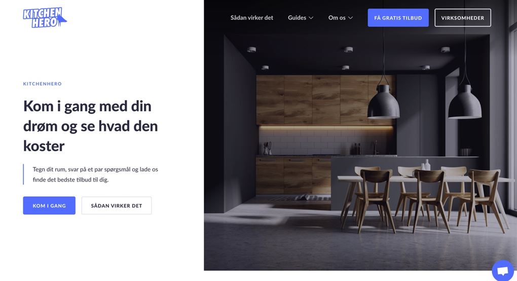 Et billede af et stort køkken og et logo