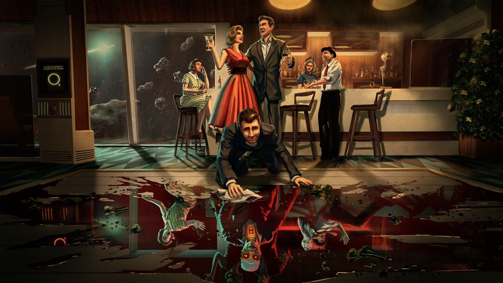 Et spil, hvor en mand tørrer blod op på gulvet, mens et par kigger på i baggrunden