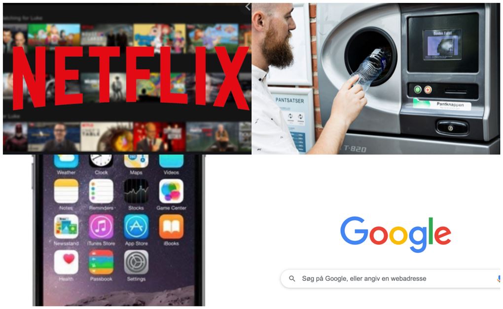 En collage med Google, Iphone, Netflix og en flaskeautomat