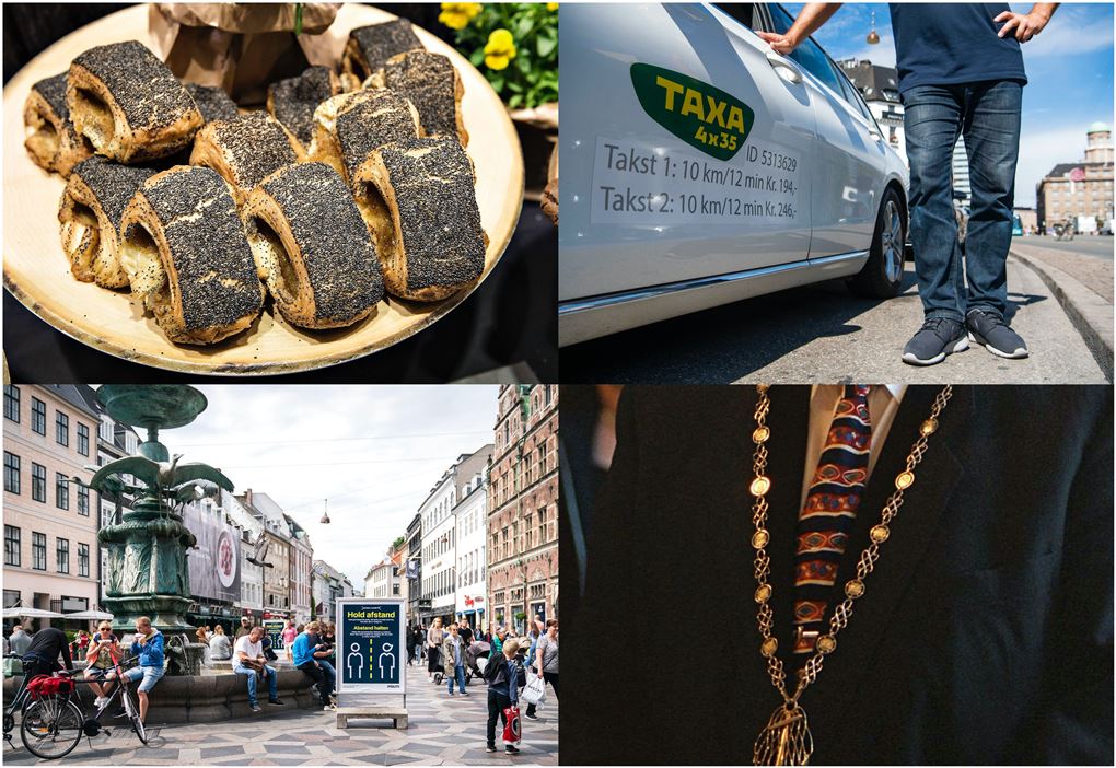 En collage med Strøget/tebirkes/borgmesterkæde og en taxa