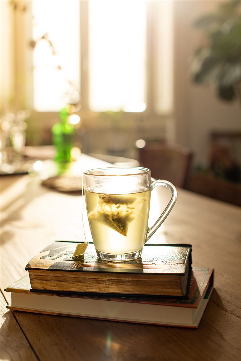 En kop te står og trækker i en gennemsigtig kop. 
