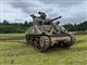 En tank på en plæne der er skov i baggrunden
