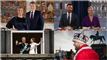 Collage med tv-værter, kongepar og en tilsuer med kongekrone