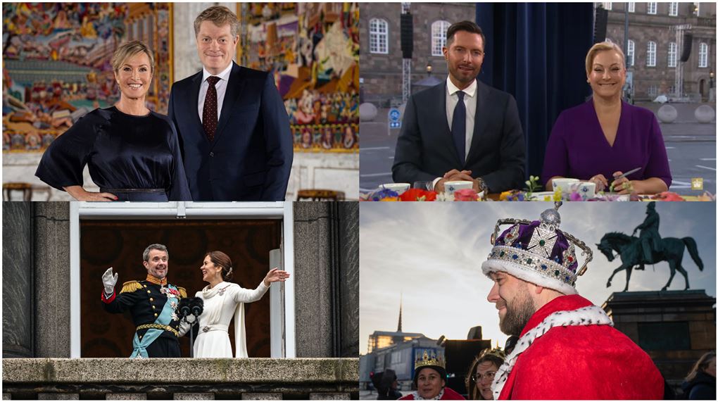 Collage med tv-værter, kongepar og en tilsuer med kongekrone
