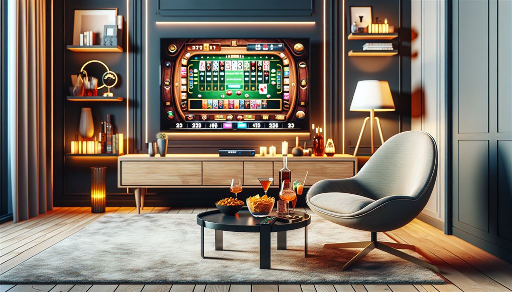 en stue med en kæmpe skærm med roulette på