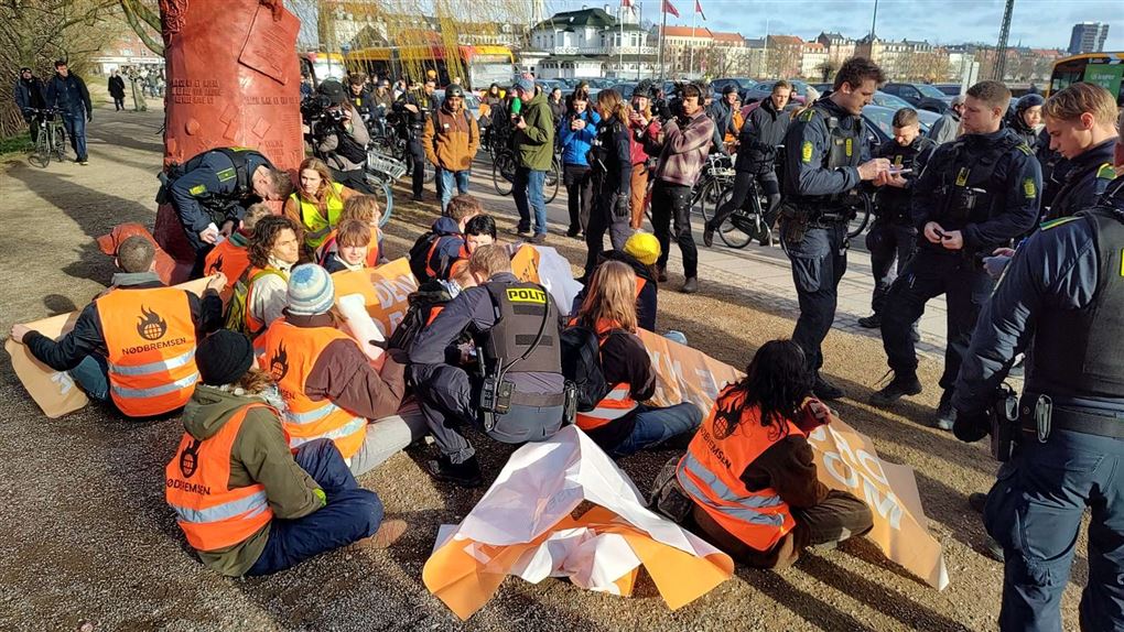 demonstranter i orange veste bliver anholt