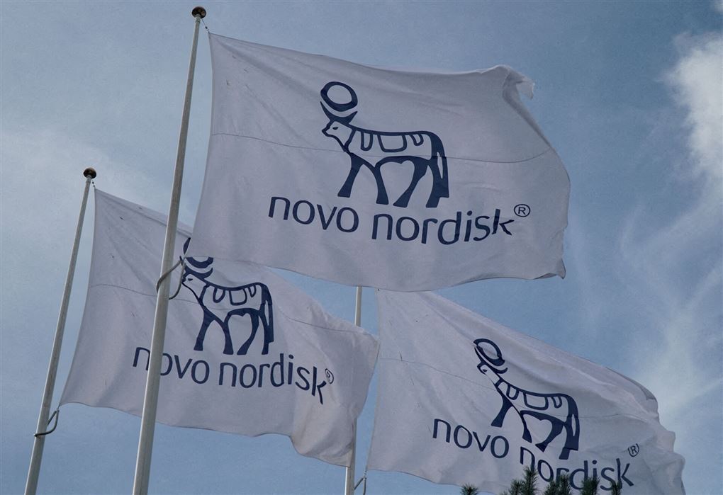 Tre flag med Novo Nordisks logo mod blå himmel