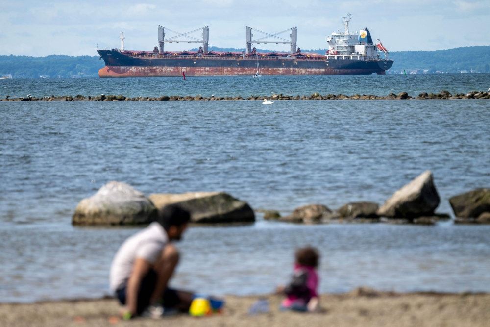 folk på strand med skib i baggrunden
