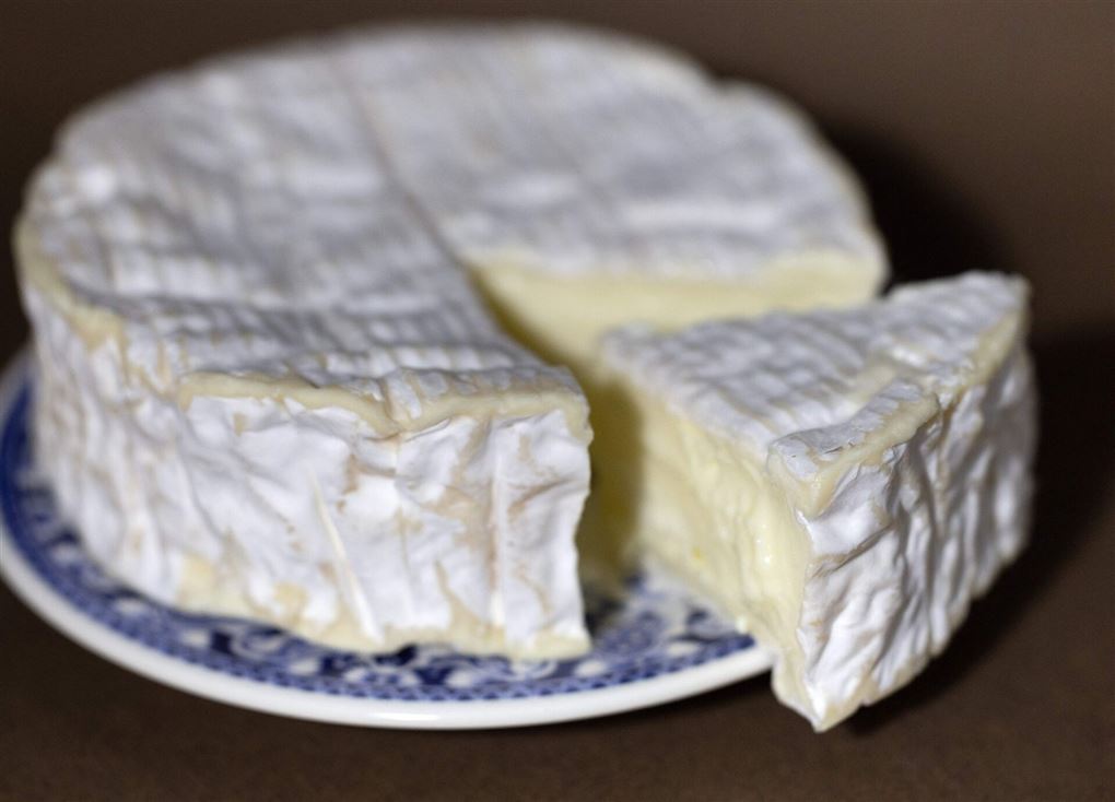 En rund camembert ligger på en tallerken